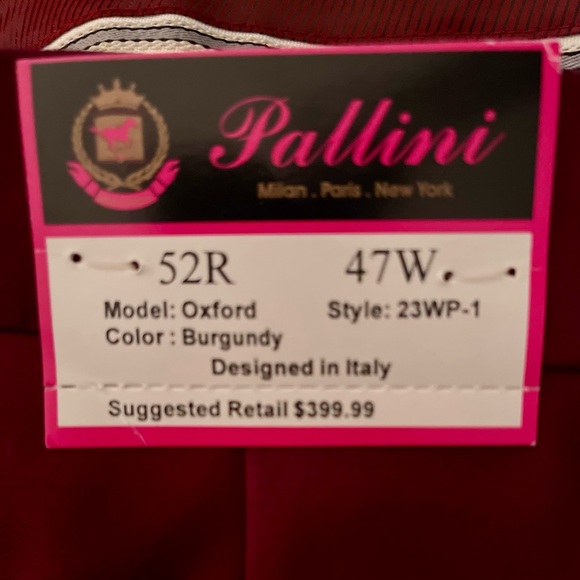 NWT Mens 3 pc Pallini Super 150’s Burgundy Suit Sz 52R/47W - Picture 10 of 10